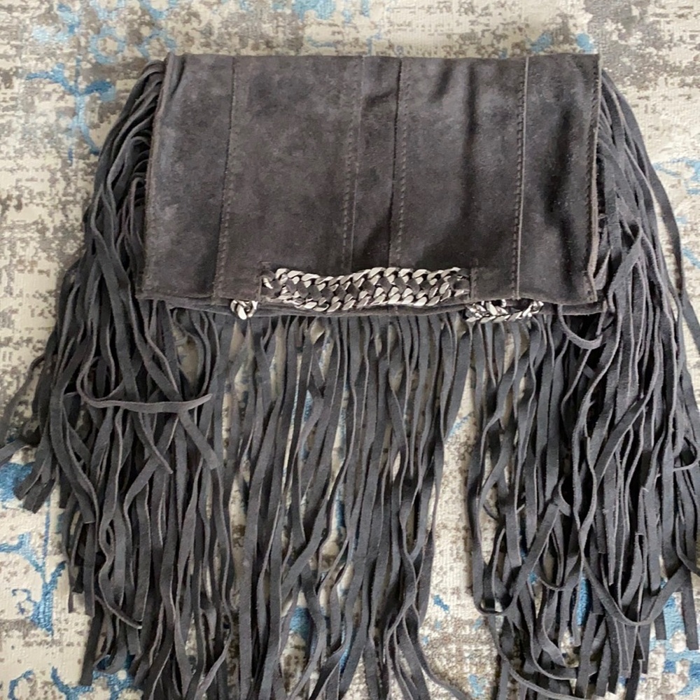 Grey suede handbag turns into clutch, fringe